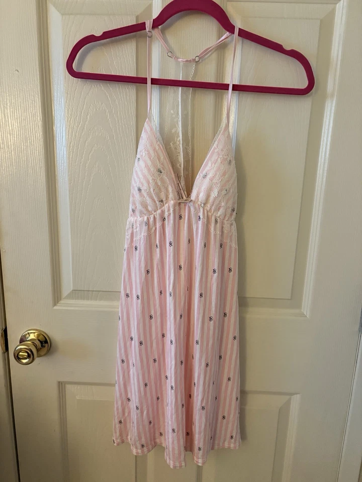 Victoria's Secret Rosa Rayas VS Logo Babydoll Lencería Halter Top Borde de Encaje Foto 1 de 2