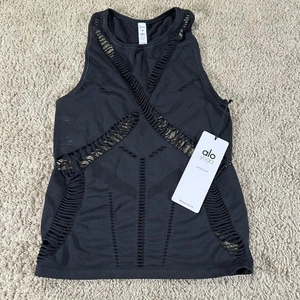 Alo Yoga Line Tank Shirt Womens Medium Black Seamless Mesh Cutout Athletic - Picture 1 of 11