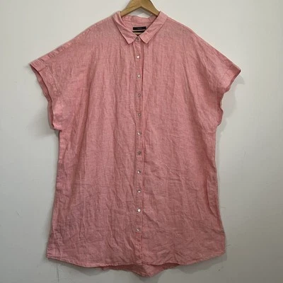 New Tahari Women 2X 100% Linen Dress Pink Coral Button Front Tunic Lagenlook - Image 1 of 4