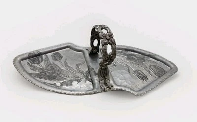 Hand Wrought Creations Hammered  Aluminum Tray Tulips Flora Handle Rodney Kent - Image 1 of 4
