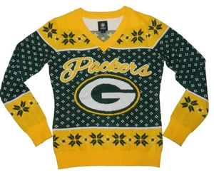 Green Bay Packers Women's Green Big Logo V-Neck UGLY Christmas Sweater Size S - Picture 1 of 13
