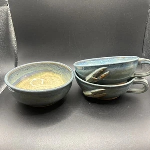 Handmade Studio Pottery Bowl SoupBlue Green Sign Sherryl Schmidt Lutz Set of (3) - Picture 1 of 7