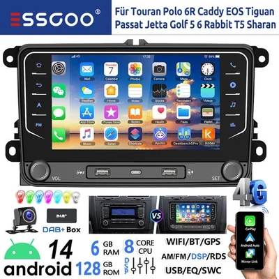 DAB+ Android 14 6+128GB Autoradio Carplay GPS Für VW Golf 5 6 Touran Tiguan Polo - Bild 1 von 4