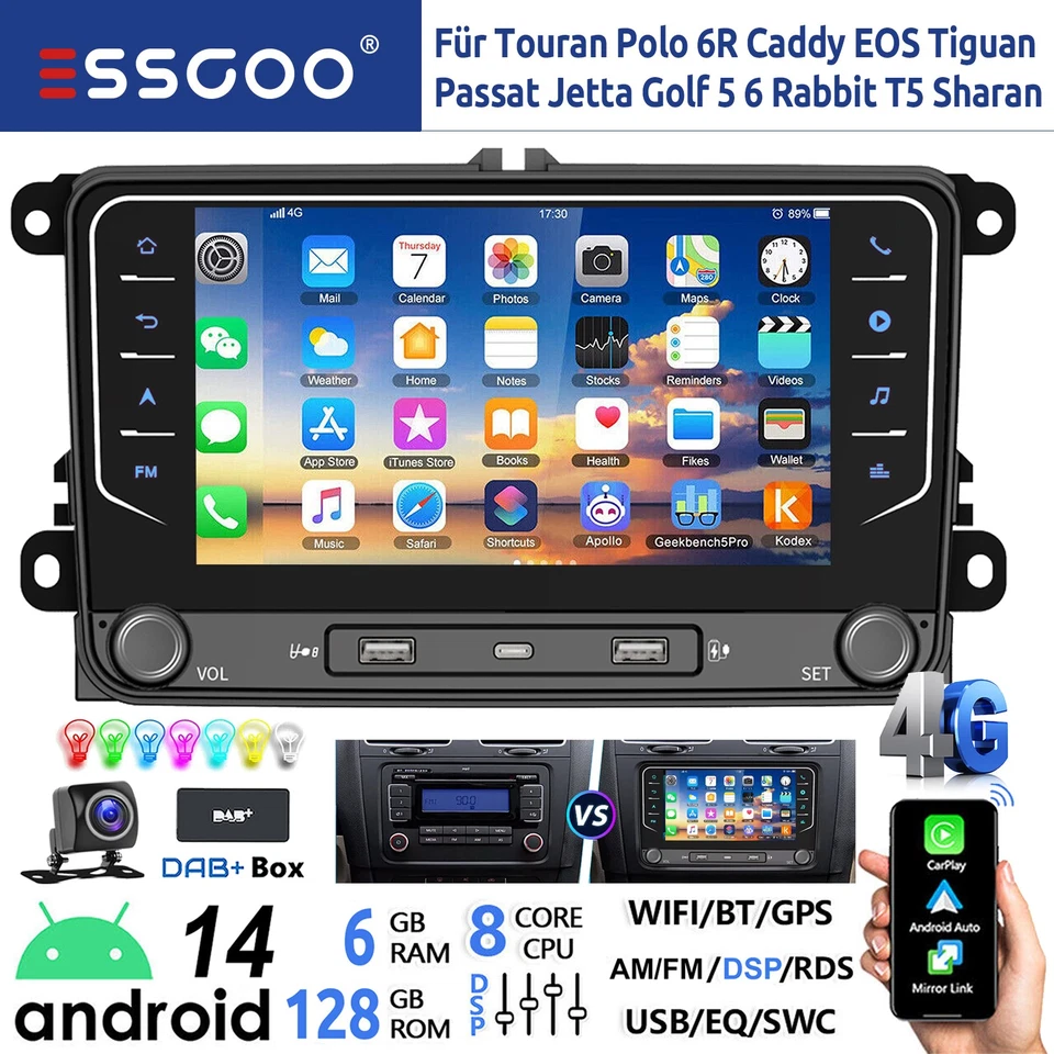 DAB+ Android 14 6+128GB Autoradio Carplay GPS Für VW Golf 5 6 Touran Tiguan Polo - Bild 1 von 4