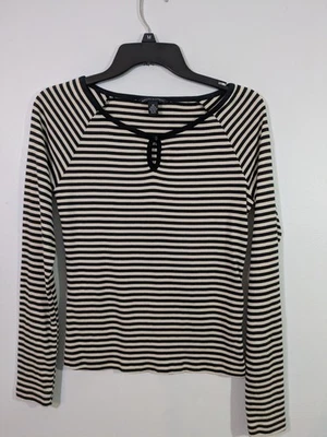 Banana Republic Топ женщин M длинным рукавом замочная скважина шеи черный желтовато-коричневый в полоску пуловер - Изображение 1 из 3