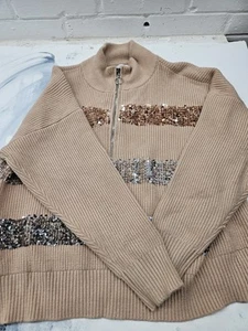 Nine West Womens Pullover Sweater 1/4 Zip Sequin Camel 2xl - Picture 1 of 3