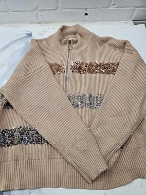 Suéter Pullover Nine West Mujer 1/4 Cremallera Lentejuelas Camel 2xl Foto 1 de 3