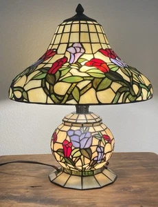 Vintage 2003 Tiffany Flowers Lit Base 3 Way Light Table Lamp 19” T Floral Lotus - Picture 1 of 18