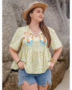 Everyday the Label Floral Embroidered VNeck Top Women Yellow Green Blouses & - Picture 1 of 7