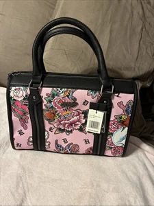 Ed Hardy Umhängetasche rosa Totenkopf & Rosen Print verstellbarer Riemen - Bild 1 von 6