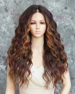 Brown/Auburn/Blonde Long Deep Waves Curls Lace Front Human Hair Blend Wig EVEN - Picture 1 of 10