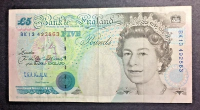 Billete de 5 libras 1990 Banco de Inglaterra papel moneda - Reina Isabel II Foto 1 de 2
