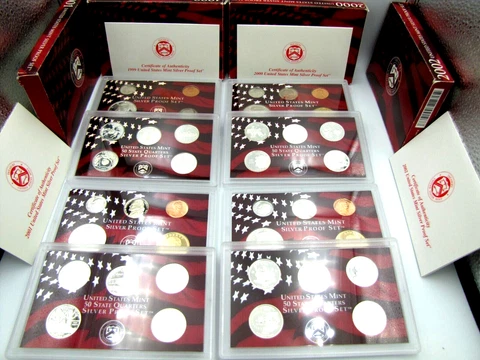 United States Mint MINT SILVER PROOF SETS 1999 2000 2001 2002 US COA Coin Lot Cover