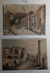 Lotto n. 2 Incisioni acquarellate rifilate Vedute Pompei Metà ‘800 (P442) - Imagen 1 de 1