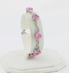 Sterling Silver Lab Created Pink Sapphire Heart Bracelet 7 1/4 inch - Picture 1 of 8