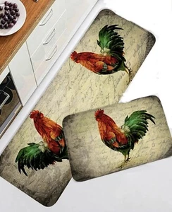 2Piece Retro Rooster style Kitchen Rug Set Farmhouse Kitchen Mat Washable - Picture 1 of 6