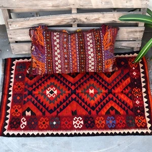 Alfombra Kilim 4x3 Pequeña Roja Hecha a Mano Tinte Natural Bereber Plana Tejida a Mano Lana Bohemia - Imagen 1 de 5