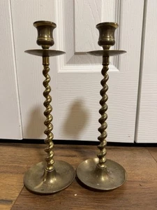 Antique English Brass Barley Twist Pair of Two 2 Candlesticks Set Candle Holders - Picture 1 of 8