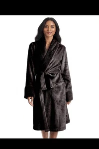 TAHARI Damen Plüsch Velours Bademantel mit Kunstfellbesatz XL SCHWARZ - Bild 1 von 2