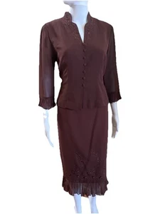 Plaza South Skirt Suit Size 8 Brown Beaded w Bell Sleeves & Pleated Ruffle Hem - Picture 1 of 18