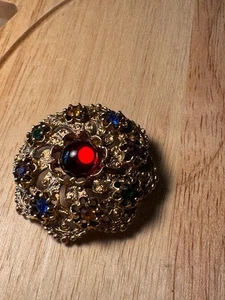 Vintage Brosche goldfarben 80er Jahre rot Cabochon Strass J30 - Bild 1 von 3