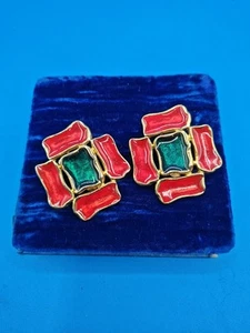 Vintage 1991 AVON Color Splash goldfarben rot & grün Clip On Statement Ohrringe - Bild 1 von 6