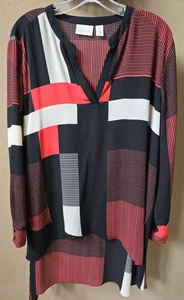 Chico's Sz 2 Black Red White Color Block Long-Sleeve Asymmetric Blouse Women's - Picture 1 of 13