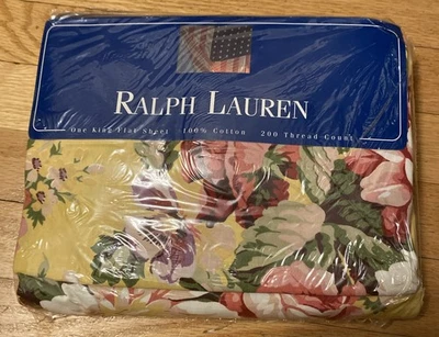 Sábana plana vintage Ralph Lauren BROOKE algodón amarillo floral - KING Deadstock EE. UU. Foto 1 de 4