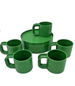 Vintage Retro 10-teiliges Set Ingrid Melamin MCM grün Snack Teller & Tassen - Bild 1 von 8