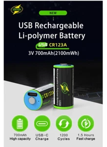 CR123A rechargeable battery 700mAh USB rechargeable lithium ZNTER 3.0V - Picture 1 of 8