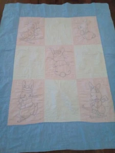Handcrafted Handmade Blanket Quilt 41x34 Stitched Themed Bunny Ski Blue Pink VTG - Picture 1 of 10