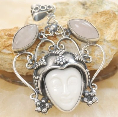 Enorme Cara Tallada Blanco Cerámica Cuarzo Rosa Piedras Preciosas Plata Colgante Joyería BP103 Foto 1 de 3