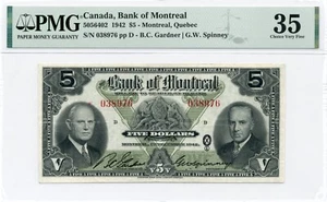 1942 $5 Bank of Montreal - Choice Very Fine, PMG VF 35 - Picture 1 of 2
