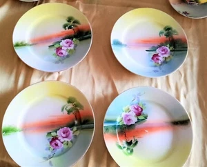 Noritake Morimura "M" 4 Kuchenteller handbemalt Pfingstrose Wasserszene Made in Japan - Bild 1 von 7