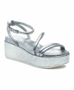 J/Slides Women's Silver Metallic Quilt Leather Platform Wedge Sandals Size 8 M - Picture 1 of 5
