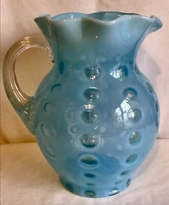 Vintage Fenton art glass blue opalescent coin dot star crimped pitcher - Picture 1 of 4