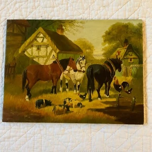 Antique farm animals hand painted ORIGINAL oil painting signed horses pigs - Picture 1 of 11