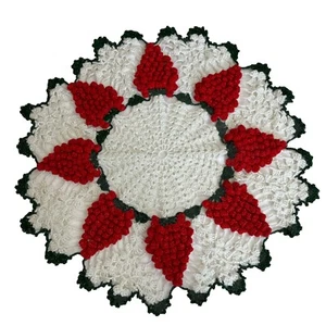 Vtg Crocheted Doily Table Topper Round Green Silver Red Berries 40” Diameter Lrg - Picture 1 of 8