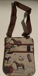 Horse Equestrian Canvas Crossbody Hand Bag Cowboy Boots Cowgirl Saddle Stirrups - Picture 1 of 4