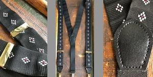 VTG PELICAN USA BLACK WHITE RED DIAMONDS SUSPENDERS BRACES CLIPS BRASS EUC CLEAN - Picture 1 of 10