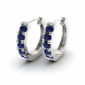 1.10 Karat Natürlich Blauer Saphir Edelsteine 14K Weiss Gold Huggies Ohrringe - Bild 1 von 3