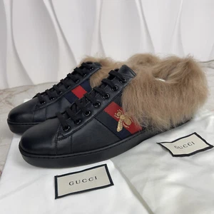 GUCCI Ace Web Sneaker Bee Embroidered Fur Black Leather 9 G 9.5 US 43 EUR - Bild 1 von 12