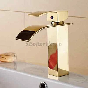 Gold Polished Bathroom Waterfall Sink Faucet Single Hole Wash Basin Mixer Tap - Picture 1 of 4