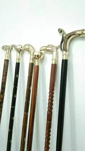 Antico set 6 pezzi bastone da passeggio canna in legno ottone massiccio manico testa diversa - Foto 1 di 6