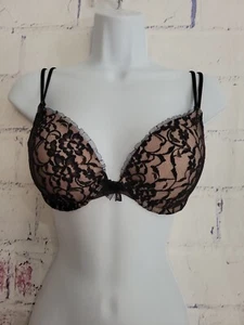 DKNY Padded Push-up Bra size 32D Black Lace Overlay Split Adjustable Strap Bow - Picture 1 of 9