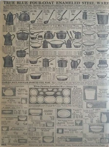 Antigua página de catálogo de arte Sears 1911 esmaltada azul utensilios de cocina anuncio impreso vintage - Imagen 1 de 3