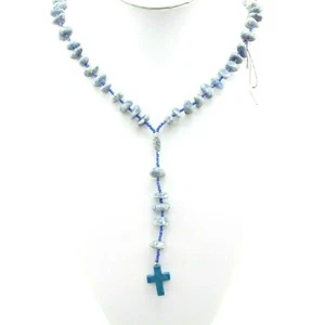 Blue Quartz Carved Cross Tumbled Rosary Religious Christian Jewelry - Picture 1 of 9
