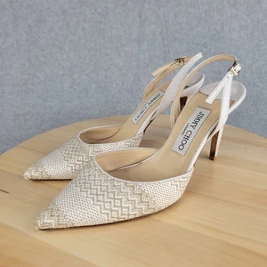 Jimmy Choo TILLY bianco beige tessuto tacco a pompa intrecciato EU 37,5 US 7,5 - Foto 1 di 14