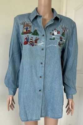 Karen Scott Christmas Chambray Embroidered Buttons Women’s Top Size Medium - Image 1 of 4