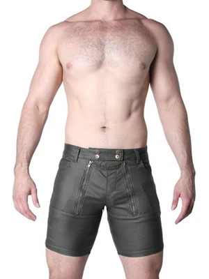 CellBlock 13 Slick Carpenter Waxed Denim Zipper Shorts, Double Zips, Pockets - Image 1 of 4
